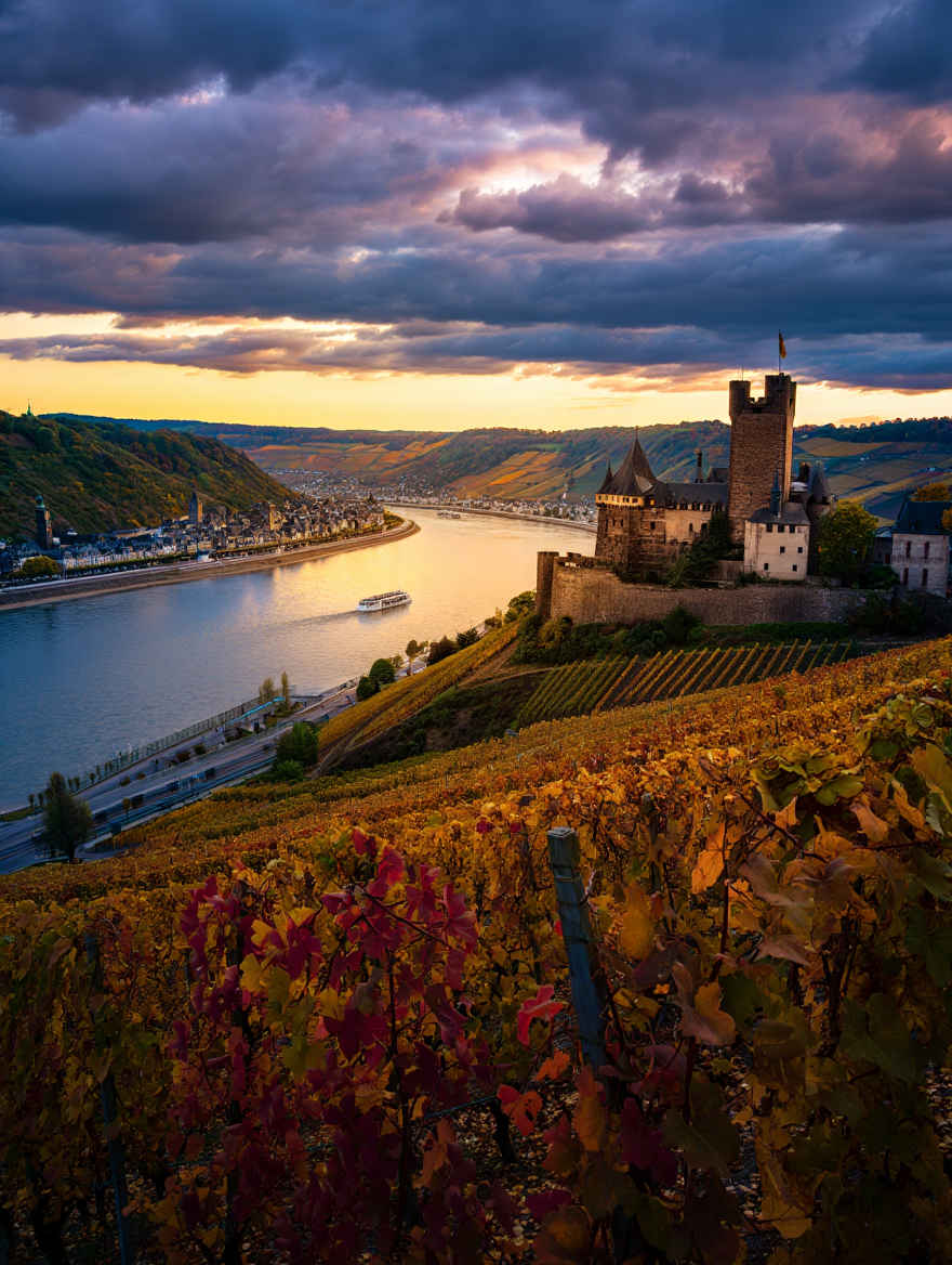 Malerisches Rheintal mit Burg Rheinfels, Weinbergen und dem mächtigen Rhein